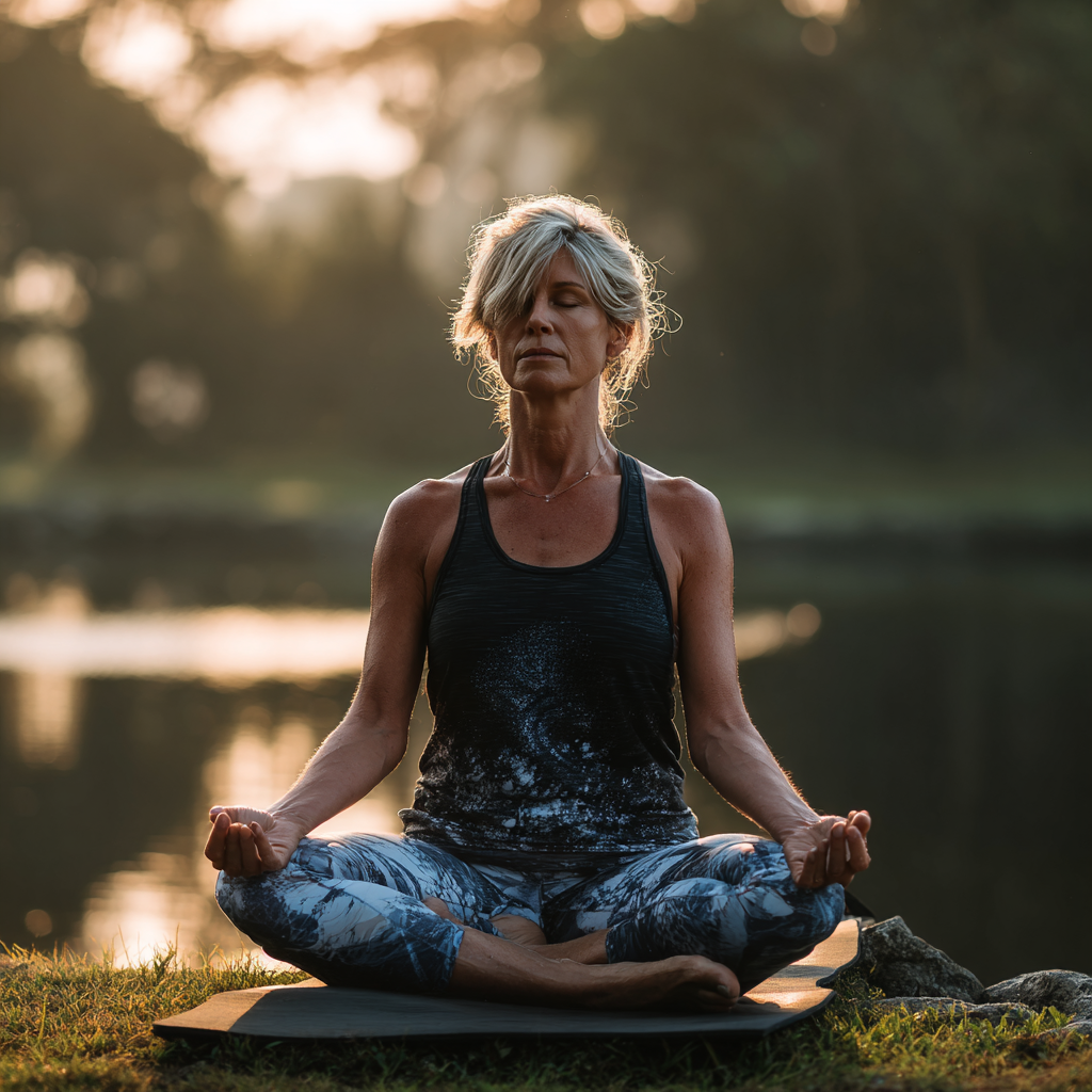 50 years old woman finding inner peace through yoga practice