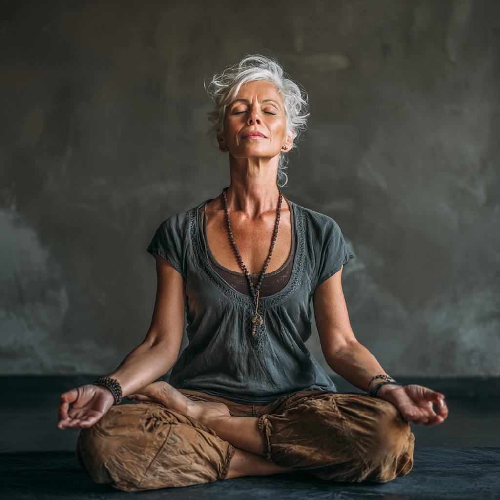 51 years old woman in peaceful meditation posture