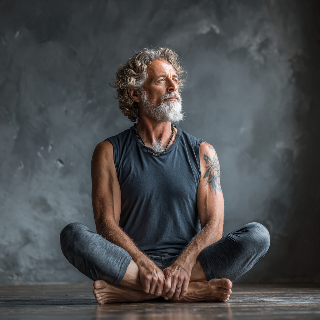 52 years old person practicing yoga with focused expression